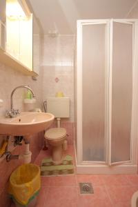 een badkamer met een toilet, een wastafel en een douche bij Apartments and rooms with a swimming pool Bacva, Central Istria - Sredisnja Istra - 7638 in Višnjan