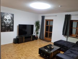 a living room with a couch and a flat screen tv at Ferienwohnung "Seaside Deluxe" in Lindenberg im Allgäu