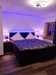 a bedroom with a large bed with purple sheets and pillows at Ferienwohnung "Seaside Deluxe" in Lindenberg im Allgäu