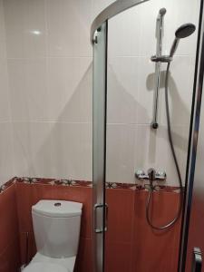 a bathroom with a shower with a toilet and a glass door at Modern 2BDRM in 5* Resort & pool in Sandanski