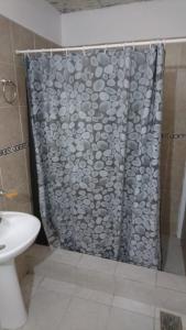 La salle de bains est pourvue d'une douche avec un rideau de douche en pierre. dans l'établissement CASA PARA DESCANSAR, à Mar del Tuyú