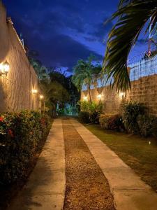 a walkway with palm trees and a building at night at Apartaestudio Villa Mary-Aguachica in Aguachica +7 photos