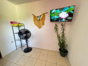 a room with a fan and a plant on a wall at Casa Tili TicoExperience on IslaDamas in Quepos