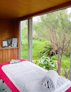 Schlafzimmer mit einem Bett vor einem Fenster in der Unterkunft Down to earth NZ in Kerikeri