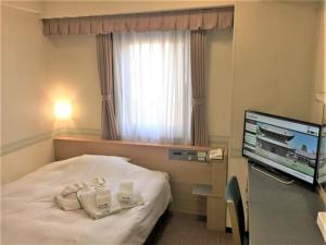 高岡市にあるホテルアルファーワン高岡のベッド1台、薄型テレビが備わるホテルルームです。