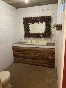 baño con lavabo y ventana con abejas en Cabañas charolet, en Camotepec