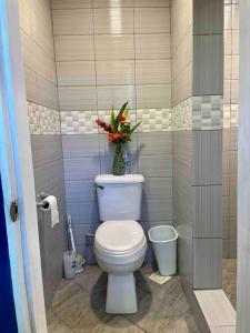 a bathroom with a toilet with a vase of flowers at Ngermid Oasis Blue House in Ngermid
