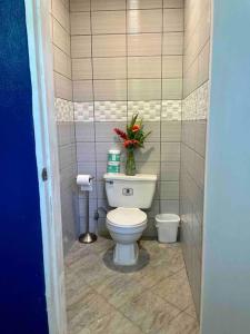 a bathroom with a toilet with a vase of flowers on it at Ngermid Oasis Blue House in Ngermid