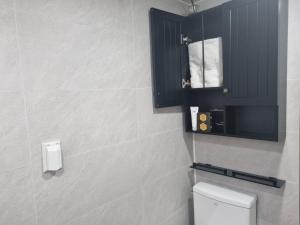 ein Bad mit einem WC und einem schwarzen Schrank in der Unterkunft Miz Soo House in Seoul