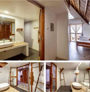 Duas fotografias de uma casa de banho com um lavatório e um WC. em Surya Beach Resort Palawan em Aborlan