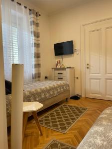 a small room with two beds and a tv at IGNIM Apartment in Subotica