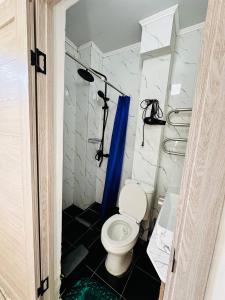a bathroom with a toilet and a blue shower curtain at Гостевой Дом Guest of Almaty in Almaty