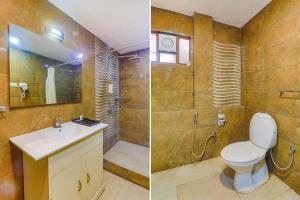 two pictures of a bathroom with a toilet and a sink at FabHotel Sarovar Palace in Muthiganj