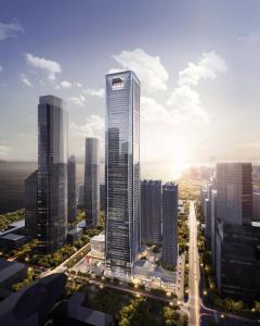 un montage d'un haut gratte-ciel dans une ville dans l'établissement Shangri-La Nanshan, Shenzhen, à Shenzhen