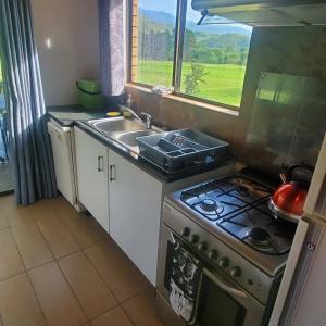 a kitchen with a stove and a sink and a window at Aspen Villa Misty Mountain Studio in Underberg