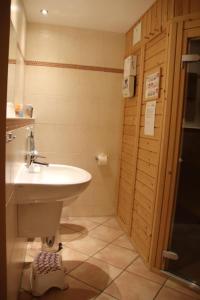a bathroom with a sink and a shower at 4 Sterne Apartment Hühnergott mit Terrasse und Sauna in Lobbe