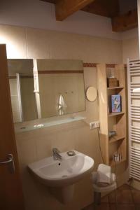 un baño con lavabo y espejo en 4 Sterne Apartment Feuerstein mit Balkon, en Lobbe
