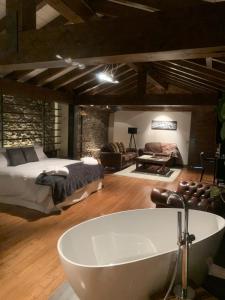 a bathroom with a bath tub and a bedroom at Mas Farner - Adults Only in Llivia