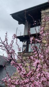 un árbol con flores rosas delante de un edificio en Mas Farner - Adults Only en Llivia