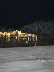 een gebouw 's nachts met een sneeuwbedekt veld bij Crystal Woods in Bakuriani