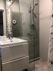 La salle de bains est pourvue d'un lavabo et d'une douche en verre. dans l'établissement Сучасна, стильна студія біля ВДНГ, à Kiev