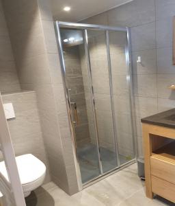 a shower stall in a bathroom with a toilet at LOdyssée 203 in La Toussuire
