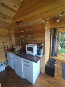 a kitchen in a log cabin with a microwave at Chalet de fred in Saint-Ouen-de-Mimbré