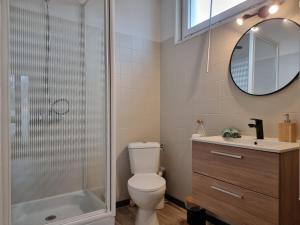 Un baño con ducha, inodoro y lavabo. en Studio cocooning au calme, proche centre-ville et centre commercial, en Challans