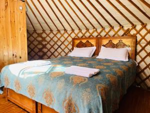 a bed in a yurt with two pillows on it at ViaVia Harganat Lodge 