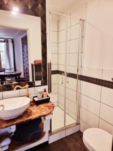 uma casa de banho com um lavatório e um chuveiro em Prestigieuse Résidence : N° 1 (2 chambres spacieuses) em Bellac
