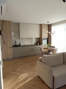 uma sala de estar com um sofá e uma cozinha em Apartments with a balcony and an impressive terrace on the roof of the house em Vilnius
