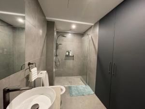 a bathroom with a shower stall and a toilet at New modern 1BR apt near Dickson in Canberra