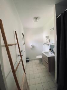 La salle de bains est pourvue de toilettes blanches et d'un lavabo. dans l'établissement Chalet altitude, à Pierre-Percée