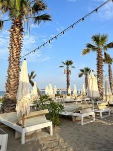 un groupe de tables et de parasols sur une plage bordée de palmiers dans l'établissement Maison saint cyprien plage, à Saint-Cyprien