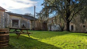 a picnic table in front of a brick building at Château de Saugé in Saivres