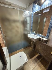 a bathroom with a shower and a toilet and a sink at Casa Pozo de la Nieve in Iznatoraf