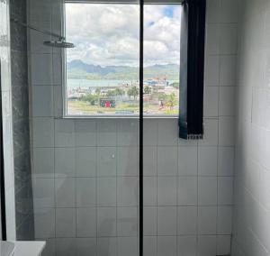 a shower with a window in a tiled bathroom at SBs Apartment in Suva