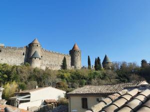 a castle with turrets on a hill with roofs at NEW -Le Remp'Art Médiéval - Pied du Château in Carcassonne