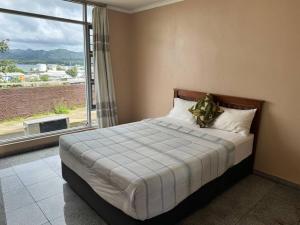 a bedroom with a bed with a large window at SBs Apartment in Suva