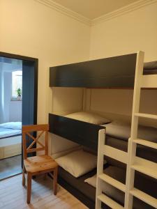 ein Schlafzimmer mit Etagenbetten mit einem Tisch und einem Stuhl in der Unterkunft Deich in Karolinenkoog
