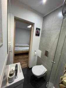 a bathroom with a toilet and a walk in shower at Hostel BYTOMSKA in Września