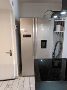 - une cuisine équipée d'un réfrigérateur en acier inoxydable dans l'établissement Agréable maison de ville rénovée à Rouen, à Sotteville-lès-Rouen