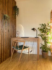 a desk with a lamp and a plant in a room at Design-Apartment in Langenbach