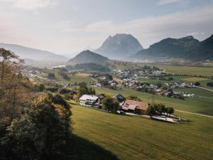 a small town in a valley with mountains in the background at Hörandlhof in Aigen im Ennstal