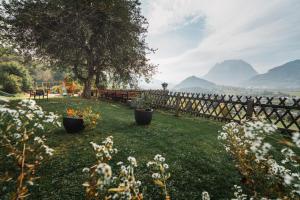 a garden with flowers and a fence and mountains at Hörandlhof in Aigen im Ennstal