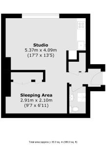einen Grundriss eines kleinen Apartments in Schwarz und Weiß in der Unterkunft Paddington Studio By Morethanstays in London
