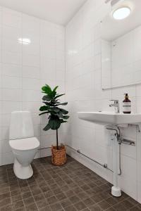 a bathroom with a toilet and a sink and a plant at Guestly Homes - 3BR Corporate Comfort in Boden +15 photos
