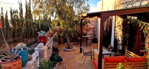 een patio met tafels en stoelen en potplanten bij Terrasses vertes in Essaouira