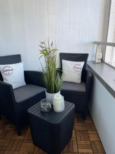 a patio with two chairs and a table with a plant at Schleibude in Schleswig
