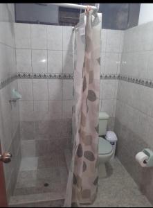 zasłona prysznicową w łazience z toaletą w obiekcie Las Mercedes w mieście Arequipa